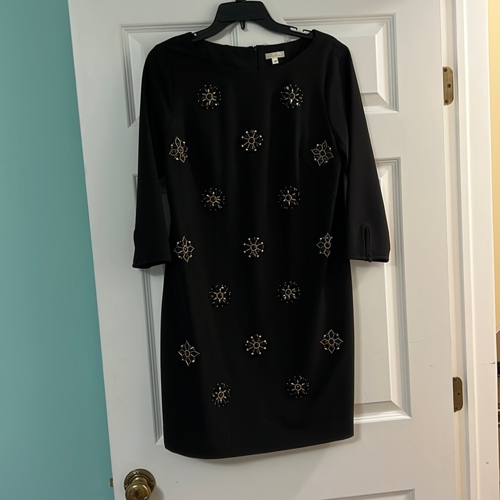Shoshanna black 3/4 sleeve dress w/black & gold beaded circles size 8